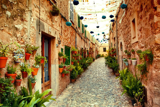 Cobblestone village street in Mallorca lined with potted plants and stone houses