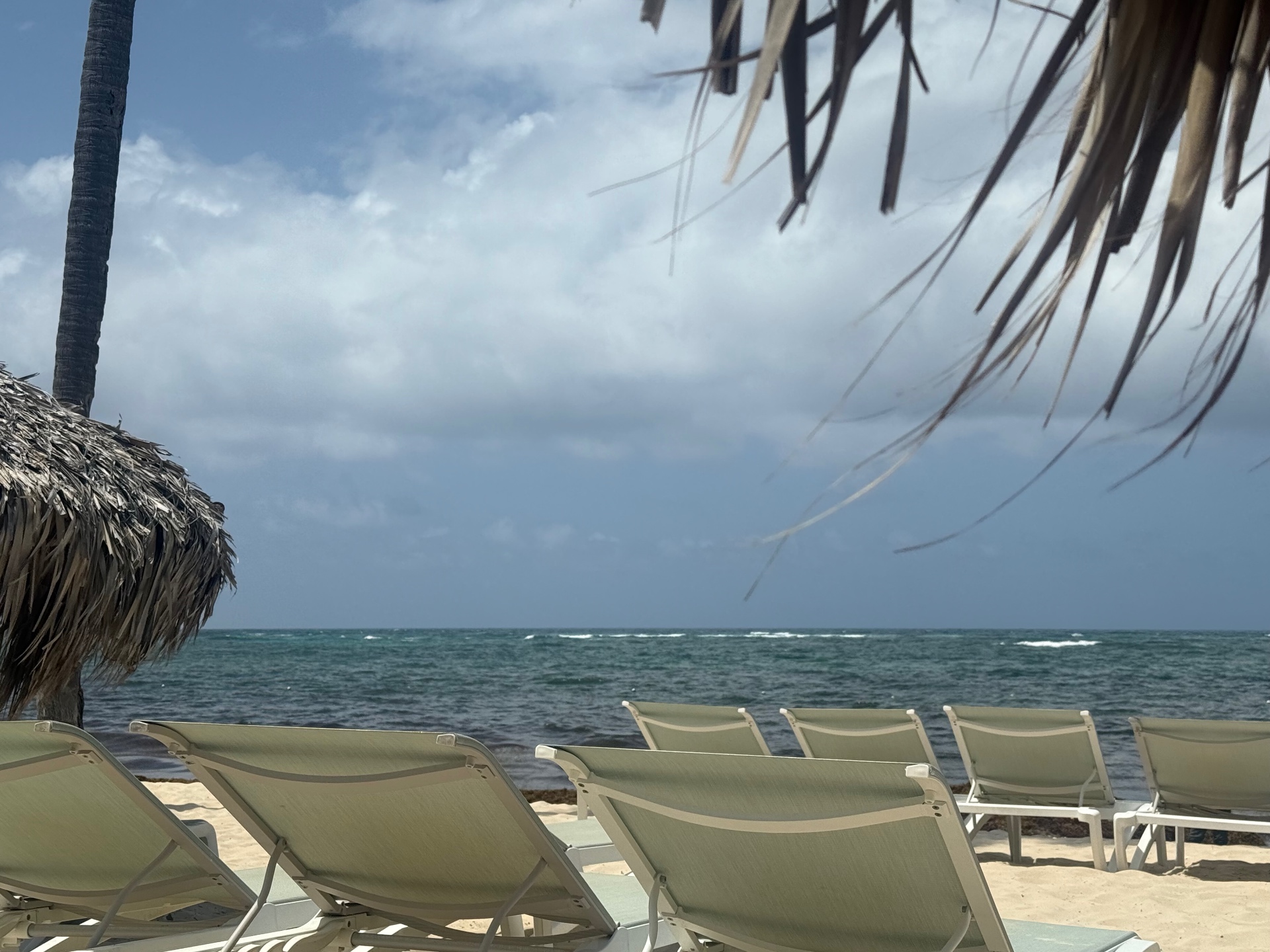 Beach loungers facing turquoise Caribbean water under a palapa